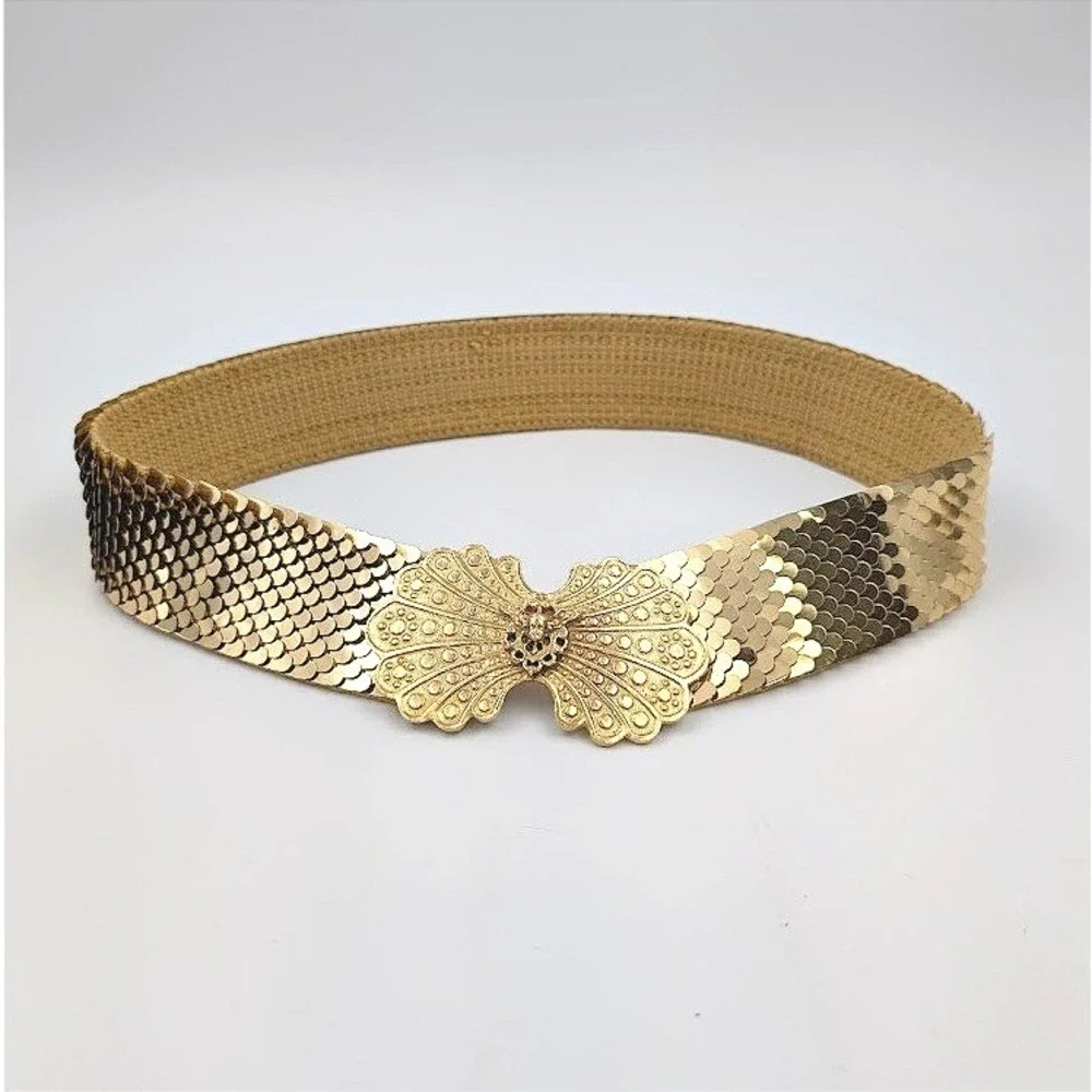 VTG Accessocraft Gold Tone Belt Fish Scale Sequins Metal‎ Ornate Buckle Etruscan
